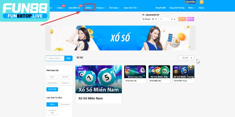 Người chơi lựa chọn vào danh mục xổ số trực tuyến trên giao diện